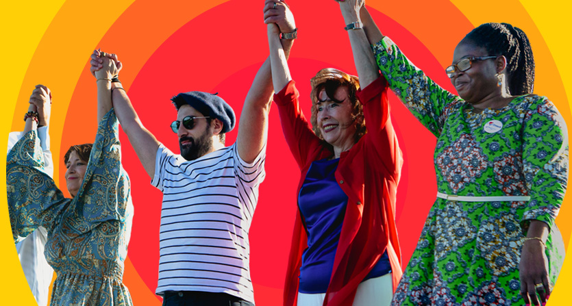 Dancers against a colorful background