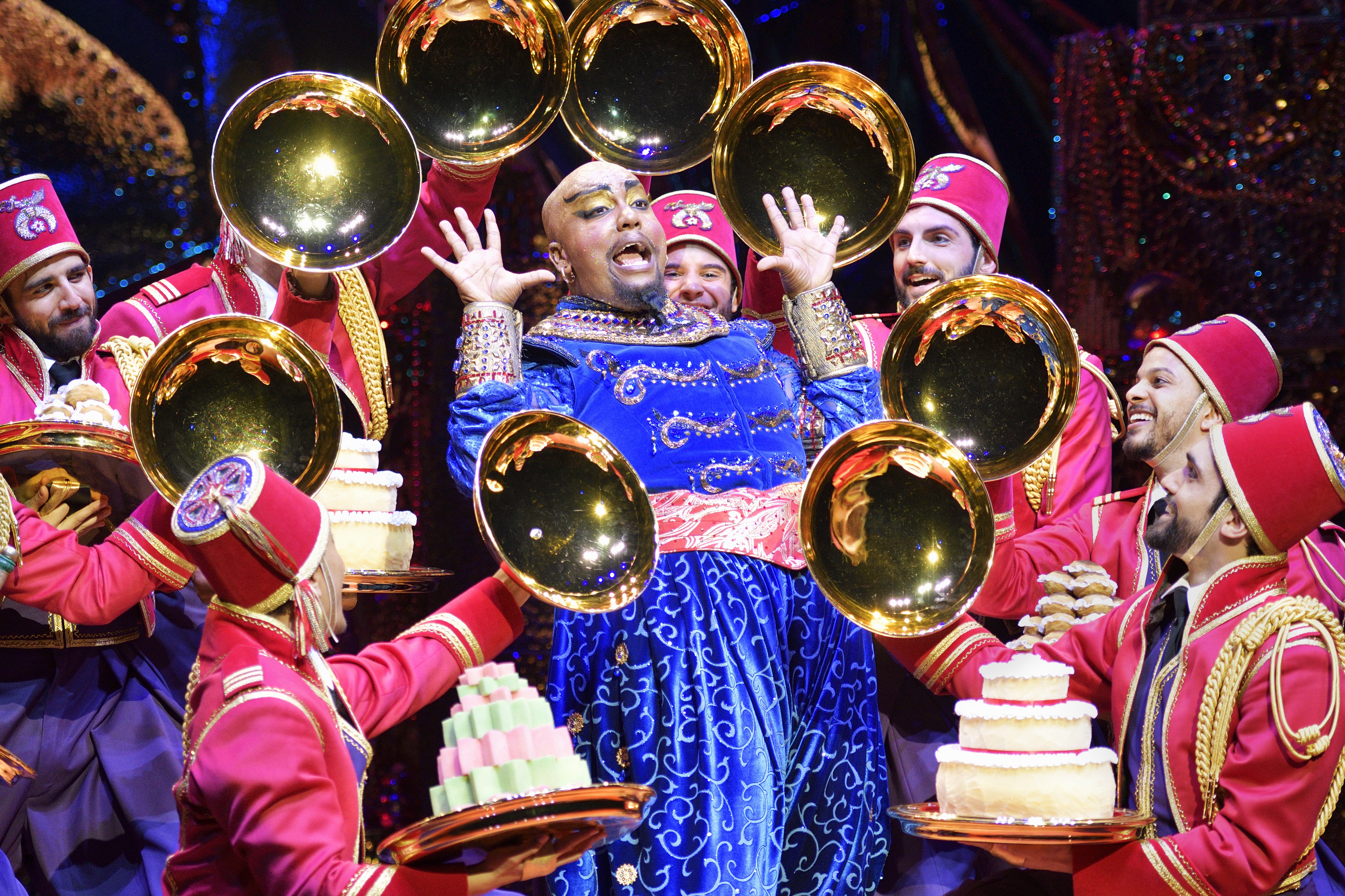 Anthony Murphy (Genie) and Original Cast of Disney&#39;s Aladdin North American Tour. ©Disney. Photo by Deen van Meer.